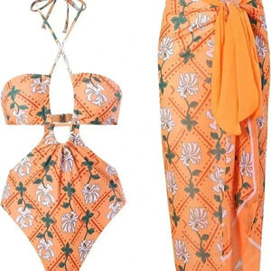 One Piece Swimsuit With Cover Up Sarong, Cut Out Swimsuit With Coverup Sarong